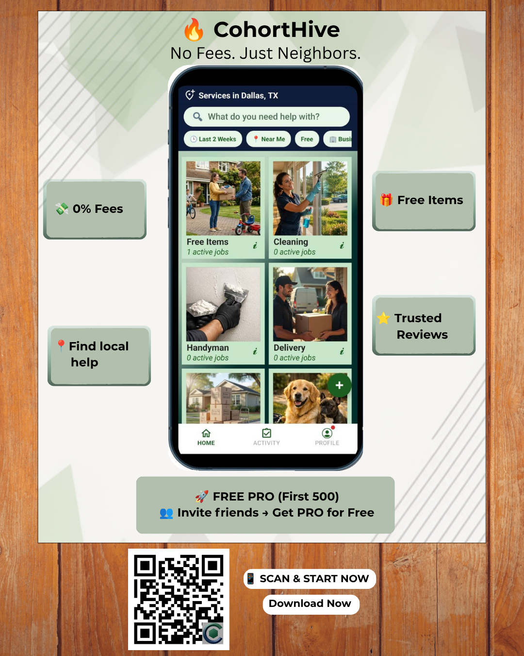 CohortHive app overview: Free Items, Trusted Reviews, Find local help, 0% Fees — Free Pro for the first 500 members, QR code to download.