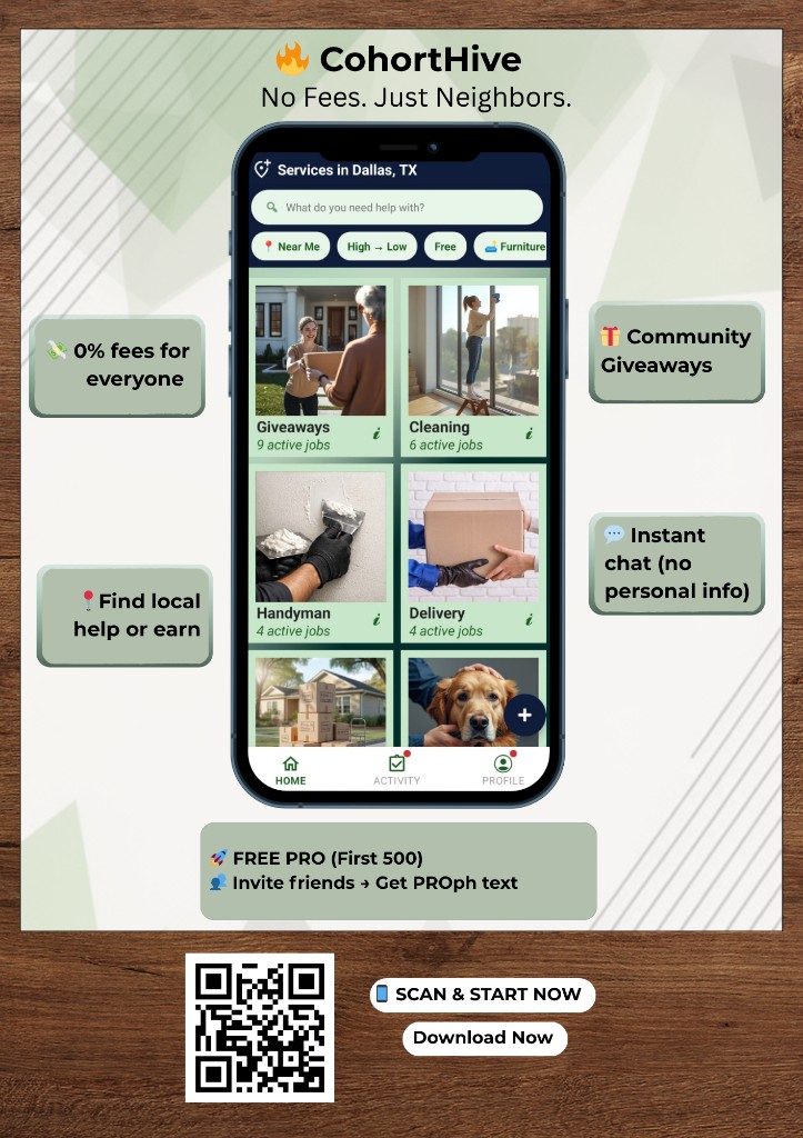 CohortHive flyer: No Fees. Just Neighbors. — app preview with Dallas services, 0% fees, giveaways, in-app chat, Free Pro for the first 500, QR code (cohorthive.com) and download call-to-action.